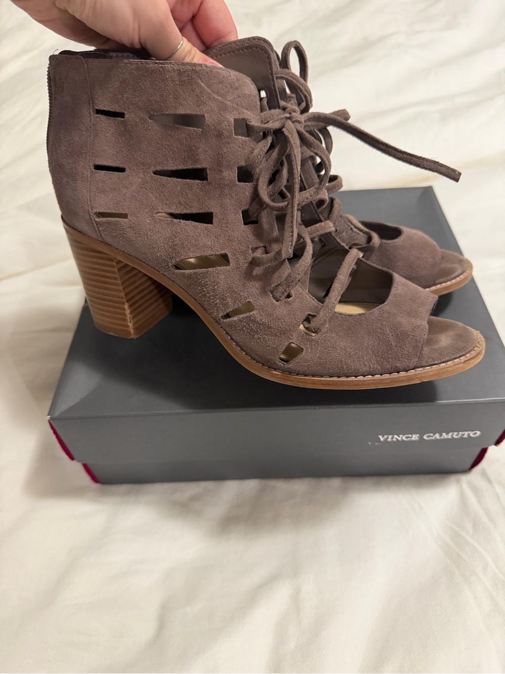 Vince Camuto Taupe Brown Suede Cutout Lace-Up Open-Toe Booties - Picture 3 of 7
